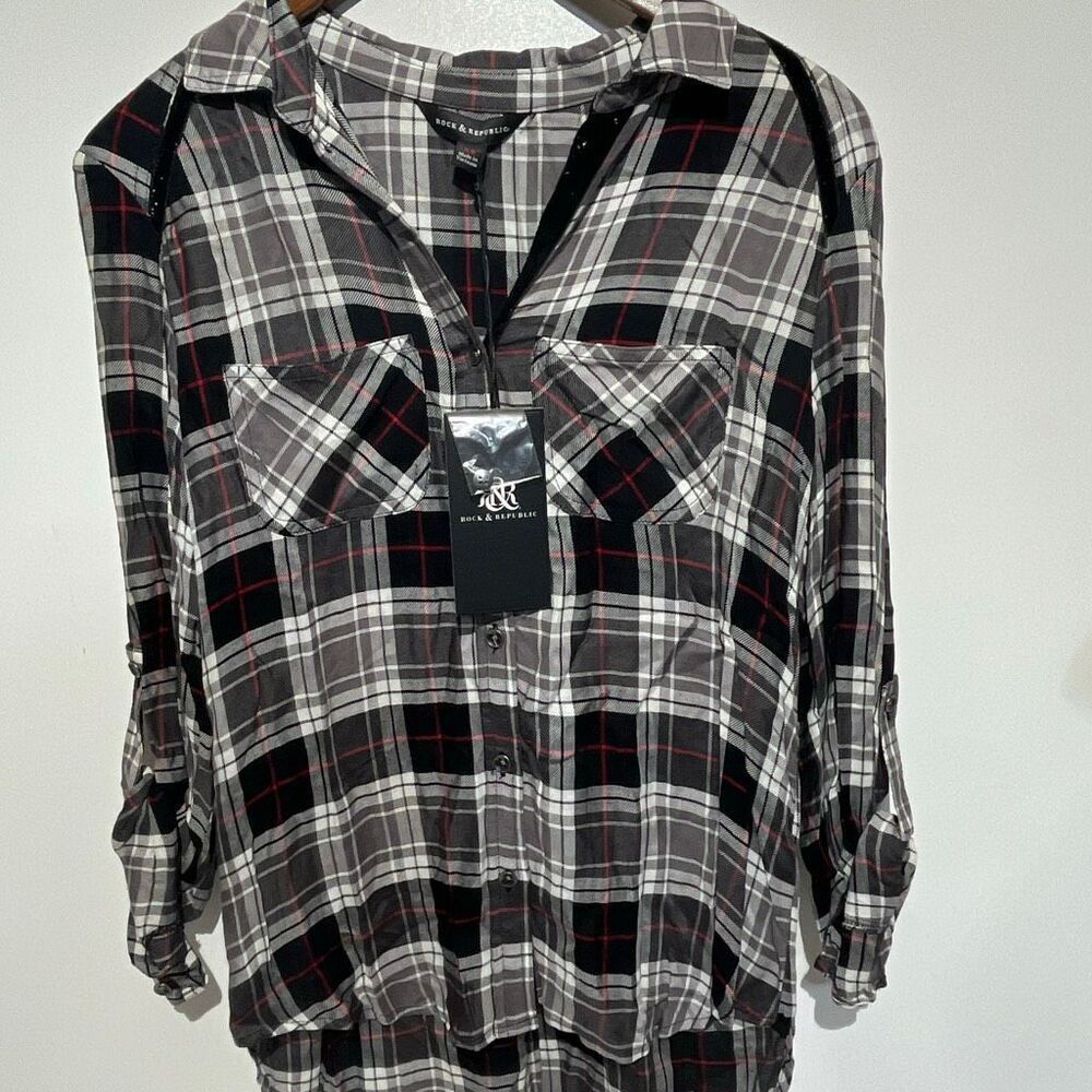 Rock & Republic Women's Multicolor Plaid Roll Up Sleeves Buttonâ Up Shirt XS NWT